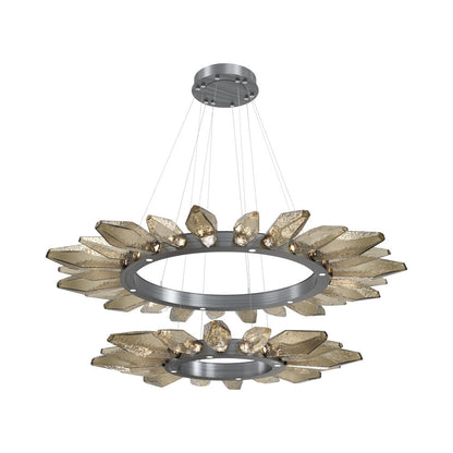 Rock Crystal Two-Tier Radial Ring LED Chandelier in Gunmetal/Bronze Blown Glass.