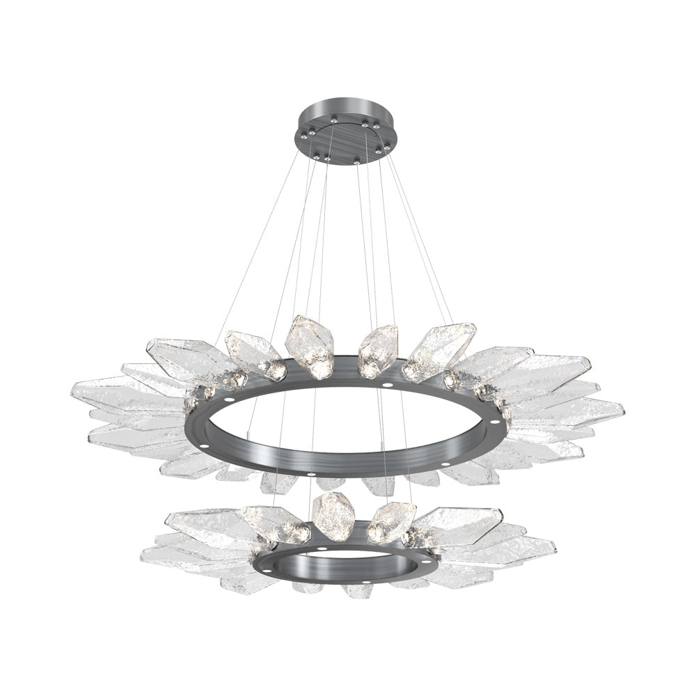 Rock Crystal Two-Tier Radial Ring LED Chandelier in Gunmetal/Clear Blown Glass.