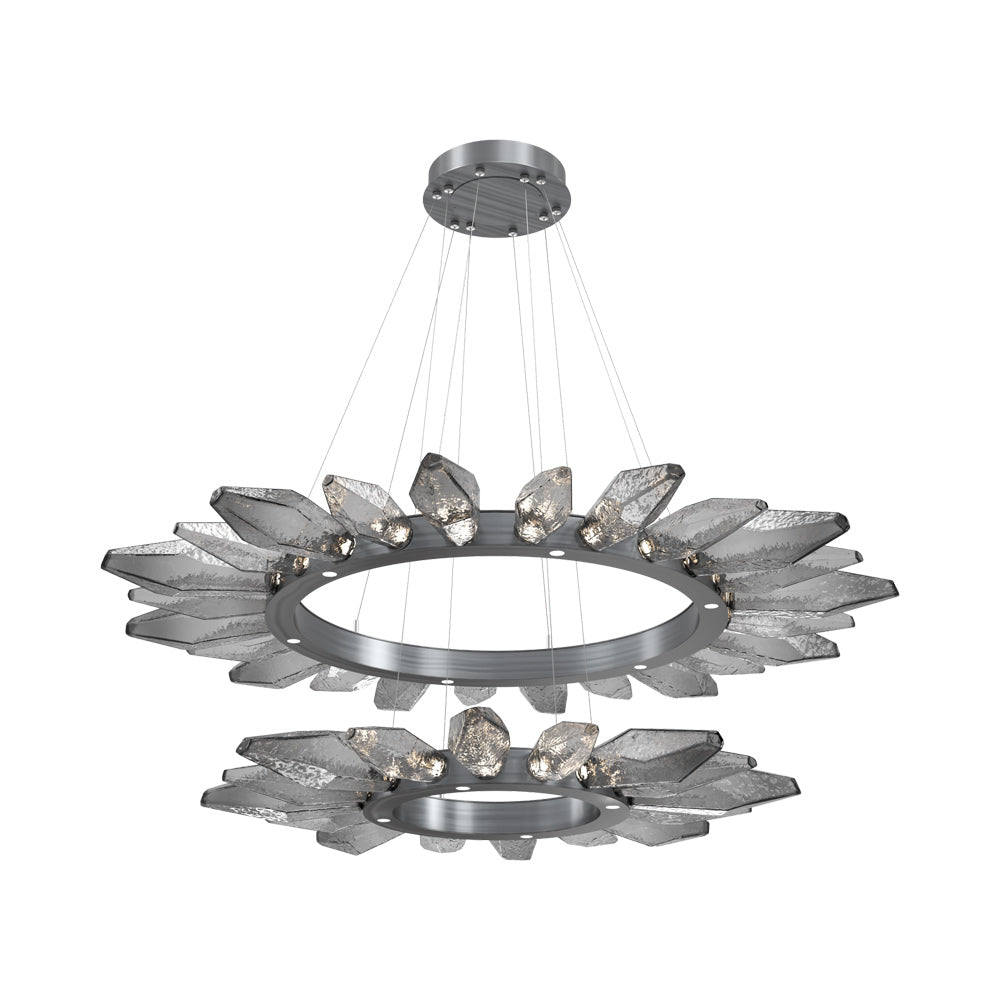 Rock Crystal Two-Tier Radial Ring LED Chandelier in Gunmetal/Smoke Blown Glass.