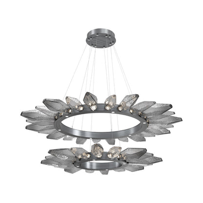 Rock Crystal Two-Tier Radial Ring LED Chandelier in Gunmetal/Smoke Blown Glass.