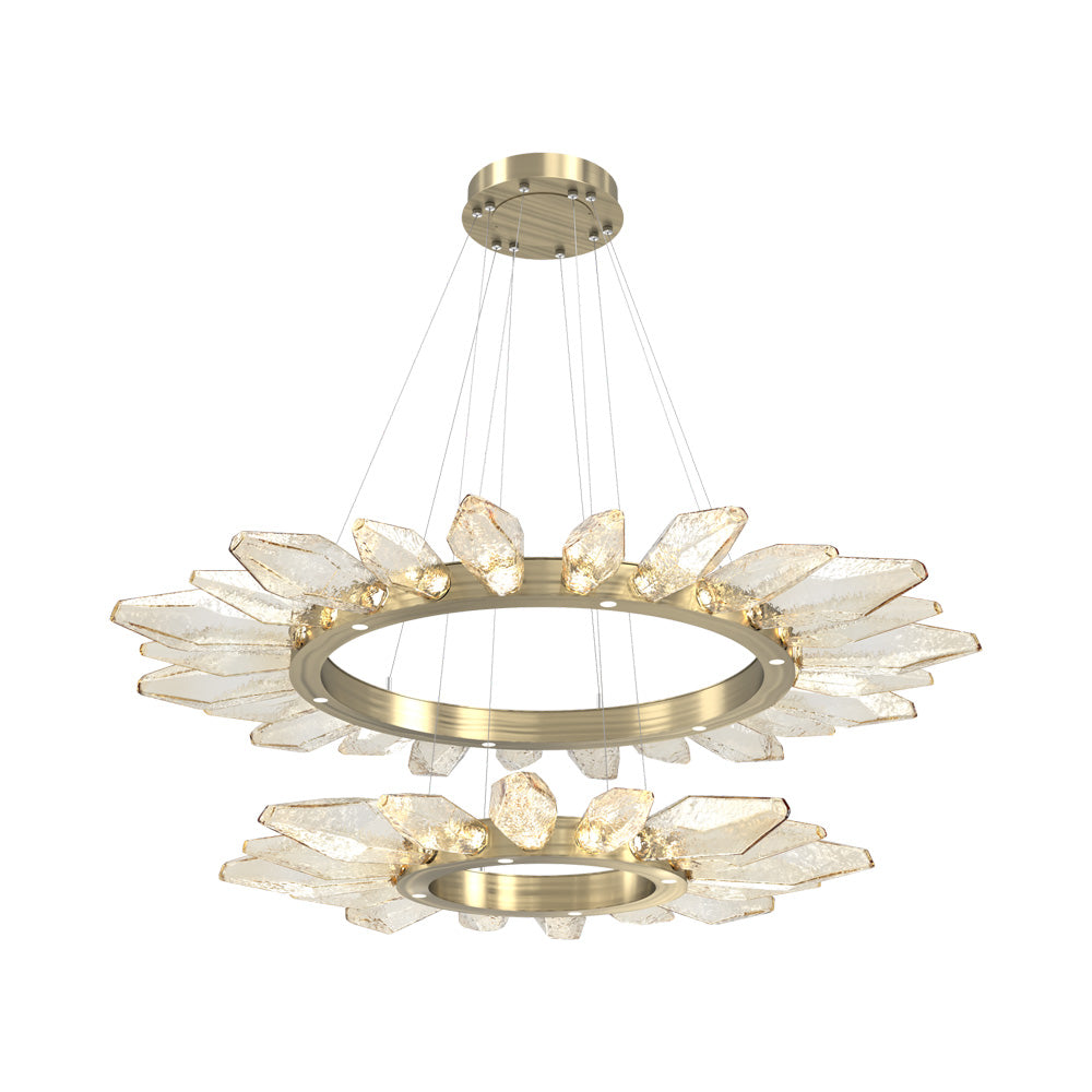 Rock Crystal Two-Tier Radial Ring LED Chandelier in Heritage Brass/Amber Blown Glass.