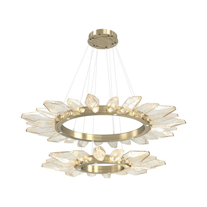 Rock Crystal Two-Tier Radial Ring LED Chandelier in Heritage Brass/Amber Blown Glass.