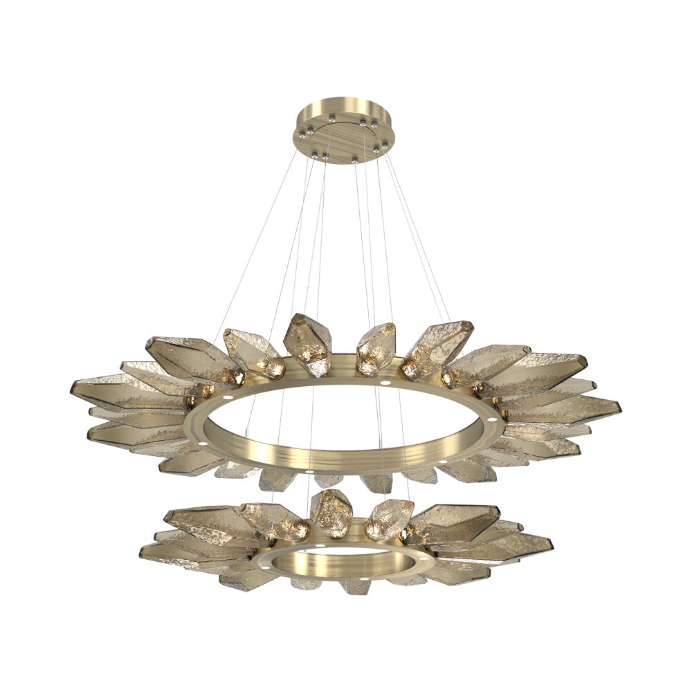 Rock Crystal Two-Tier Radial Ring LED Chandelier in Heritage Brass/Bronze Blown Glass.