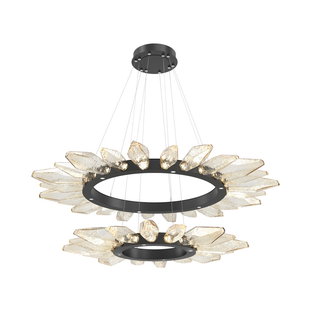 Rock Crystal Two-Tier Radial Ring LED Chandelier in Matte Black/Amber Blown Glass.