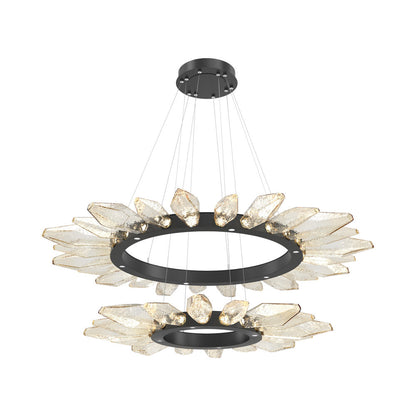 Rock Crystal Two-Tier Radial Ring LED Chandelier in Matte Black/Amber Blown Glass.