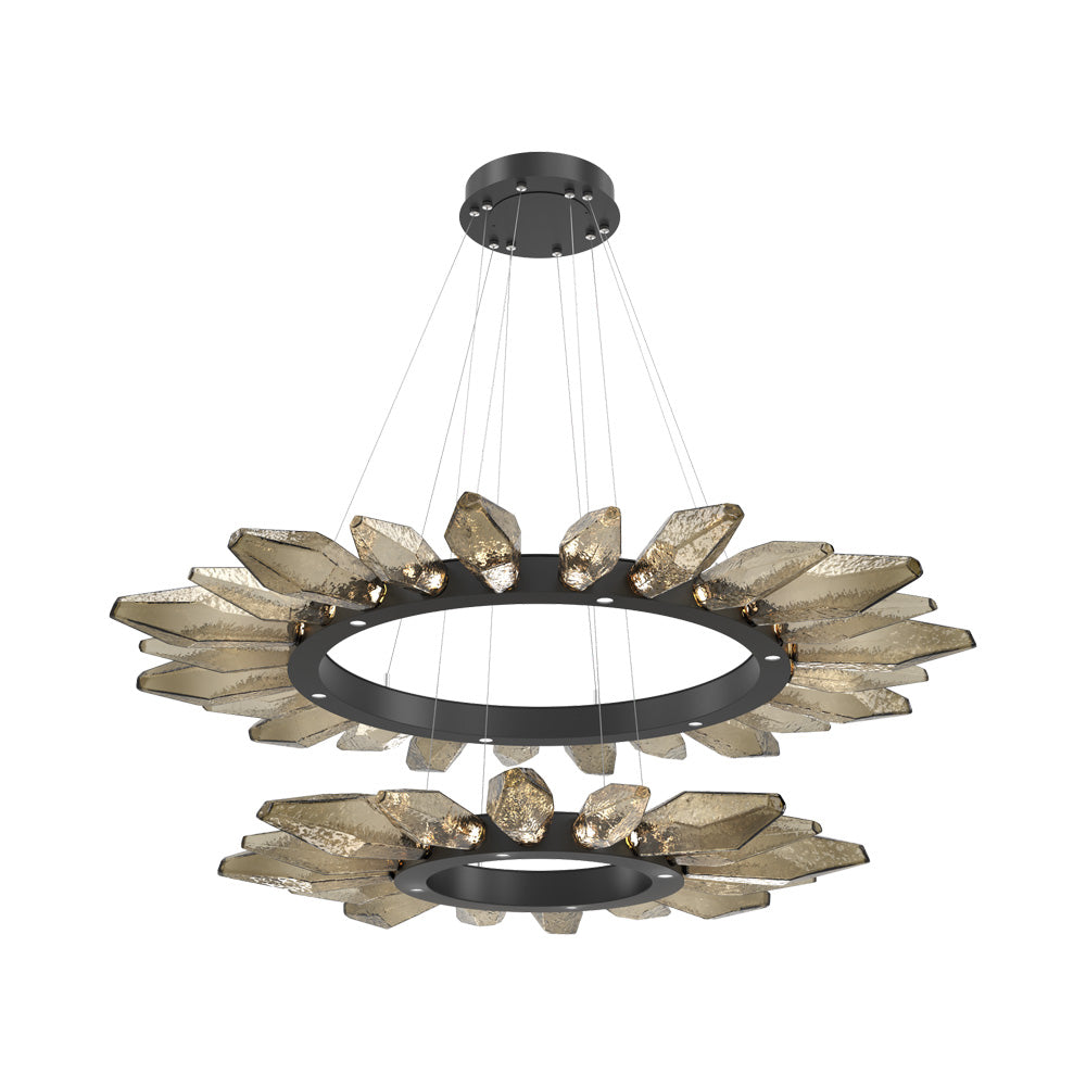 Rock Crystal Two-Tier Radial Ring LED Chandelier in Matte Black/Bronze Blown Glass.