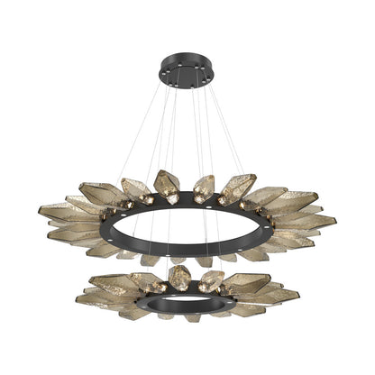 Rock Crystal Two-Tier Radial Ring LED Chandelier in Matte Black/Bronze Blown Glass.