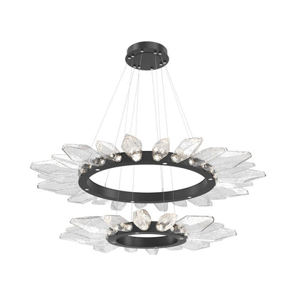 Rock Crystal Two-Tier Radial Ring LED Chandelier in Matte Black/Clear Blown Glass.
