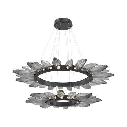 Rock Crystal Two-Tier Radial Ring LED Chandelier in Matte Black/Smoke Blown Glass.