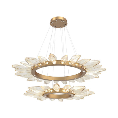 Rock Crystal Two-Tier Radial Ring LED Chandelier in Novel Brass/Amber Blown Glass.