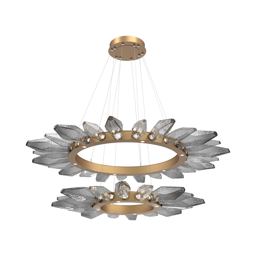 Rock Crystal Two-Tier Radial Ring LED Chandelier in Novel Brass/Smoke Blown Glass.
