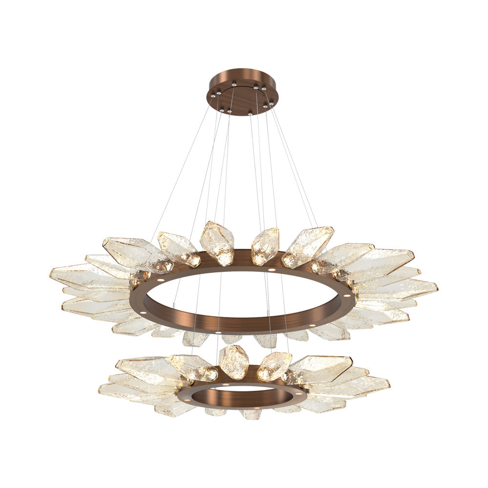 Rock Crystal Two-Tier Radial Ring LED Chandelier in Oil Rubbed Bronze/Amber Blown Glass.