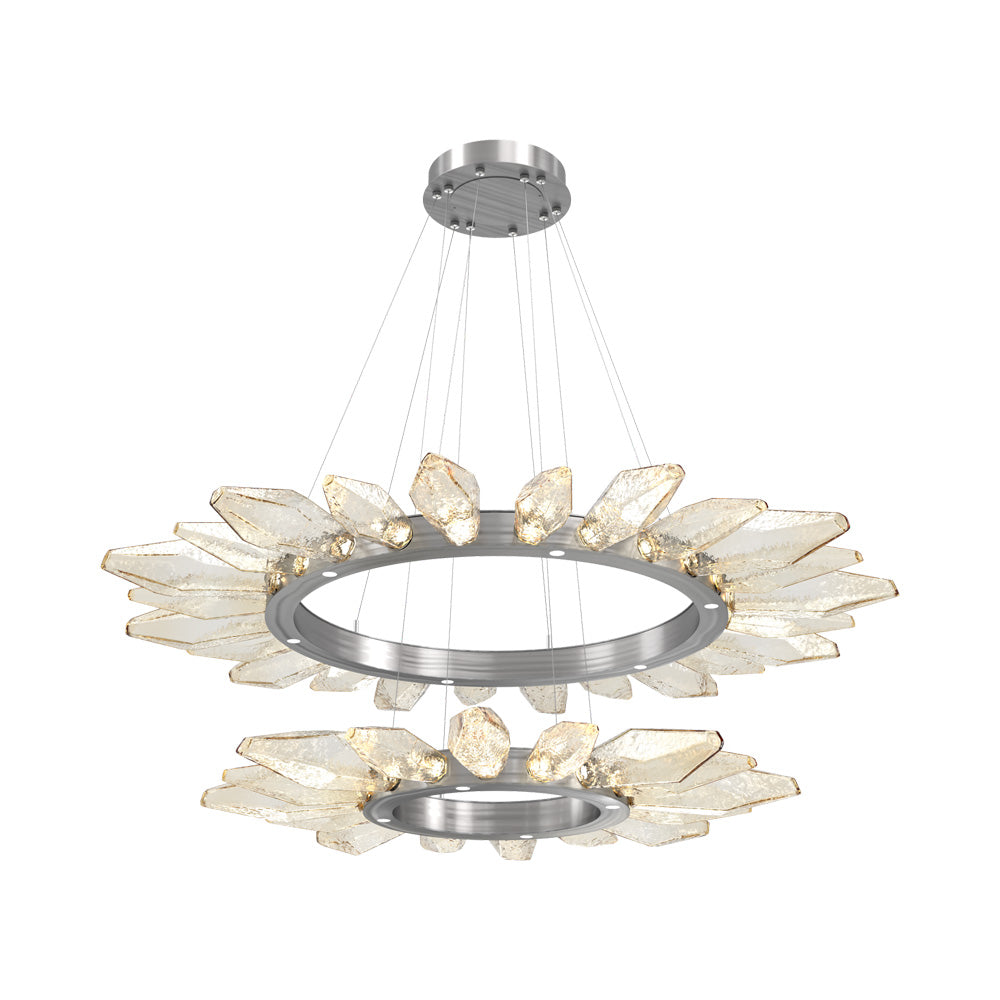 Rock Crystal Two-Tier Radial Ring LED Chandelier in Satin Nickel/Amber Blown Glass.