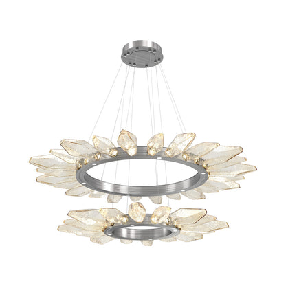 Rock Crystal Two-Tier Radial Ring LED Chandelier in Satin Nickel/Amber Blown Glass.