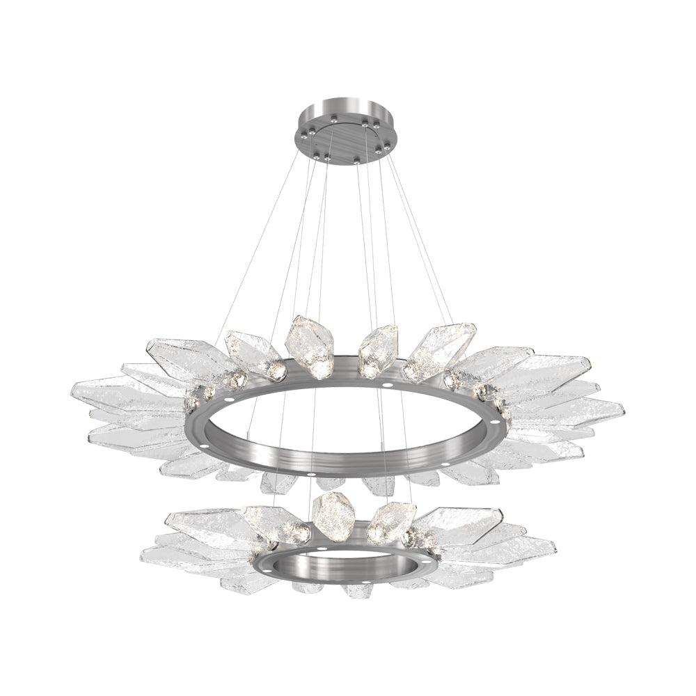 Rock Crystal Two-Tier Radial Ring LED Chandelier in Satin Nickel/Clear Blown Glass.