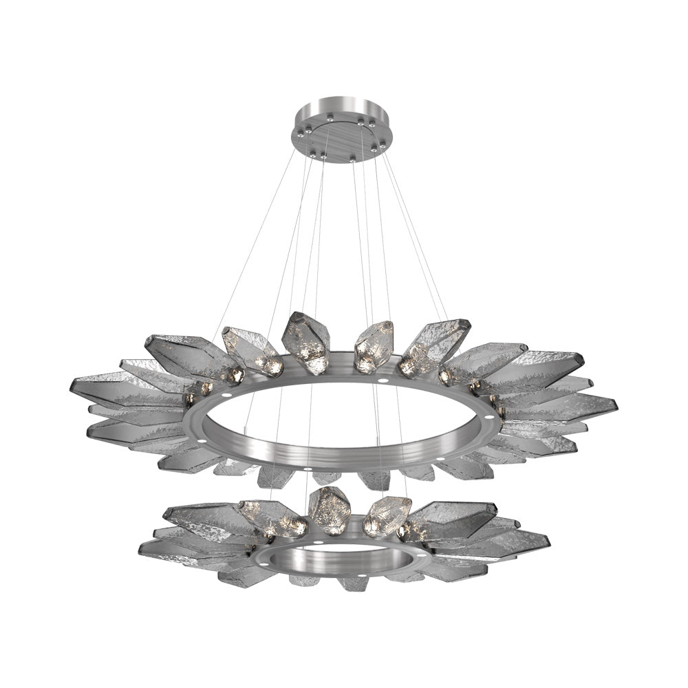Rock Crystal Two-Tier Radial Ring LED Chandelier in Satin Nickel/Smoke Blown Glass.