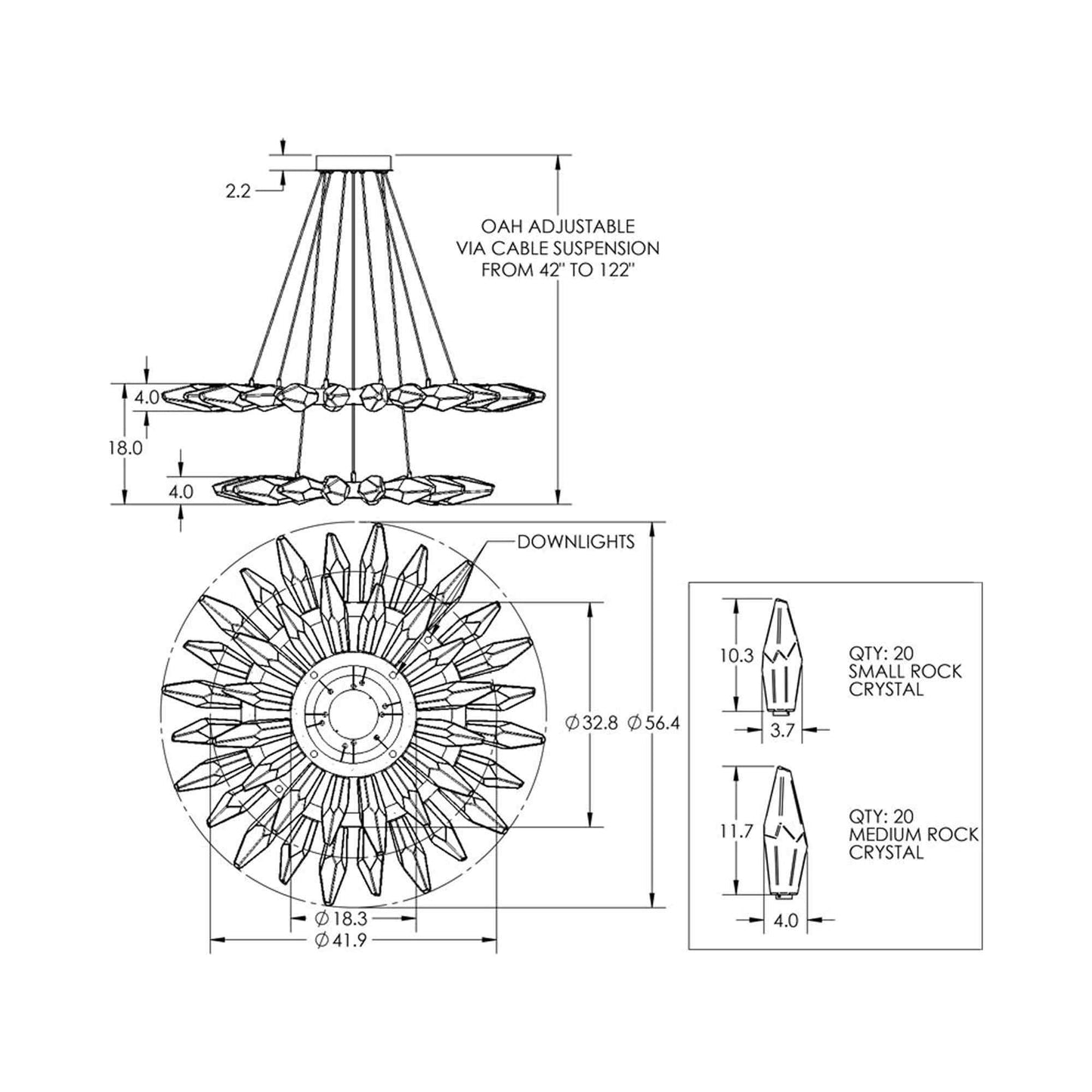 Rock Crystal Two-Tier Radial Ring LED Chandelier - line drawing.