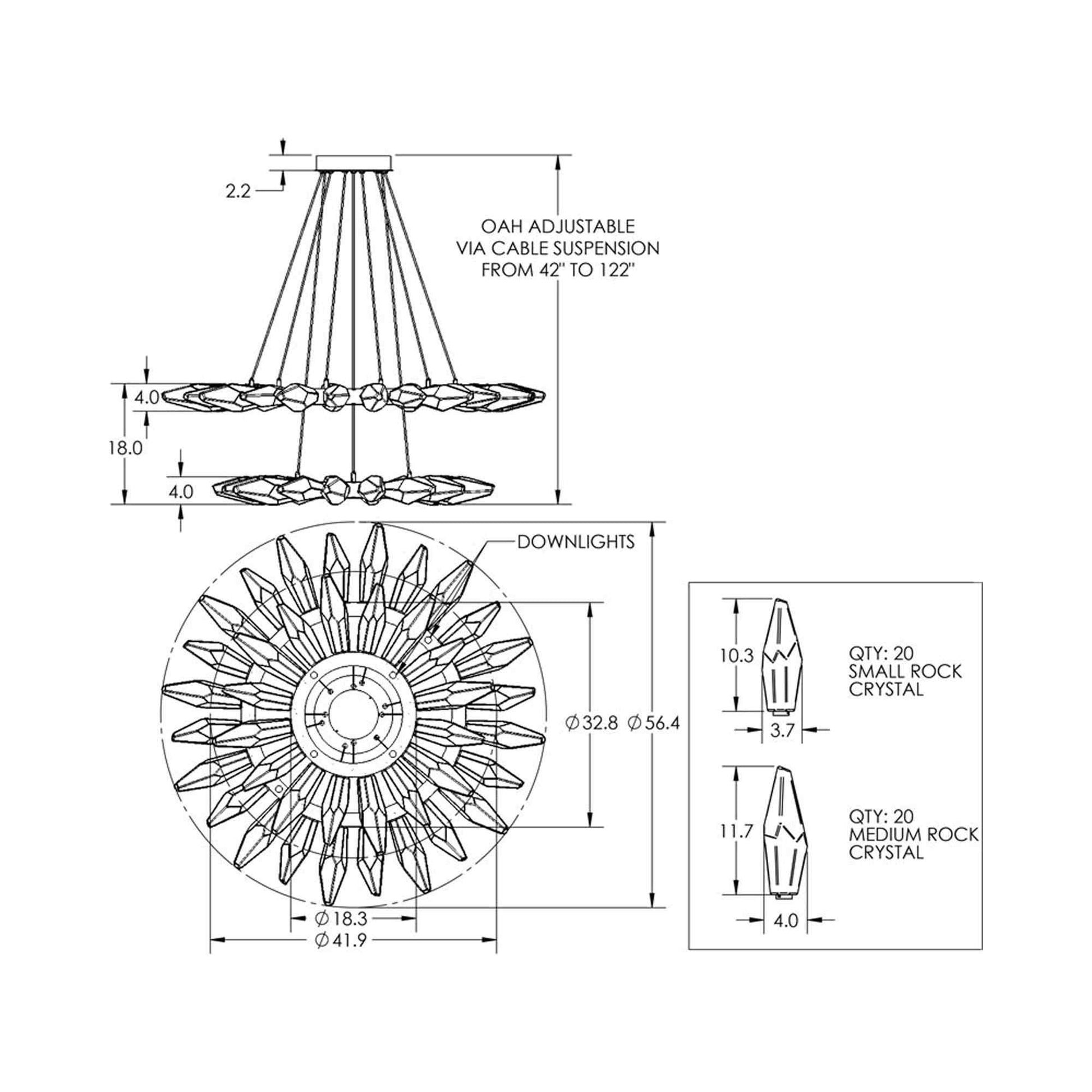 Rock Crystal Two-Tier Radial Ring LED Chandelier - line drawing.