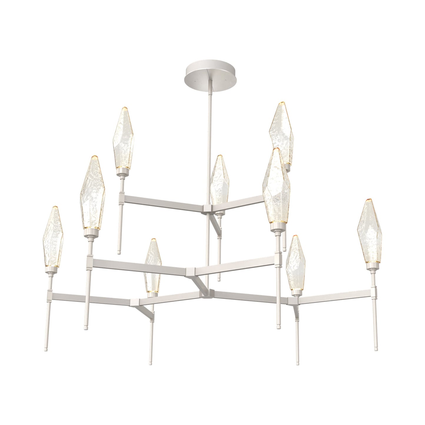 Rock Crystal Two-Tier Round Belvedere LED Chandelier in Beige Silver/Amber Blown Glass.