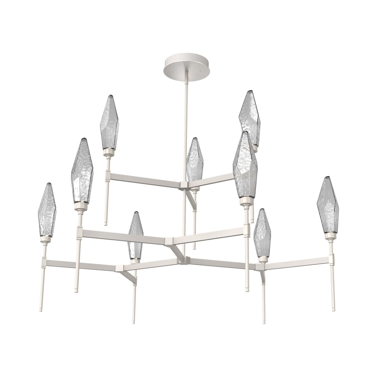 Rock Crystal Two-Tier Round Belvedere LED Chandelier in Beige Silver/Smoke Blown Glass.