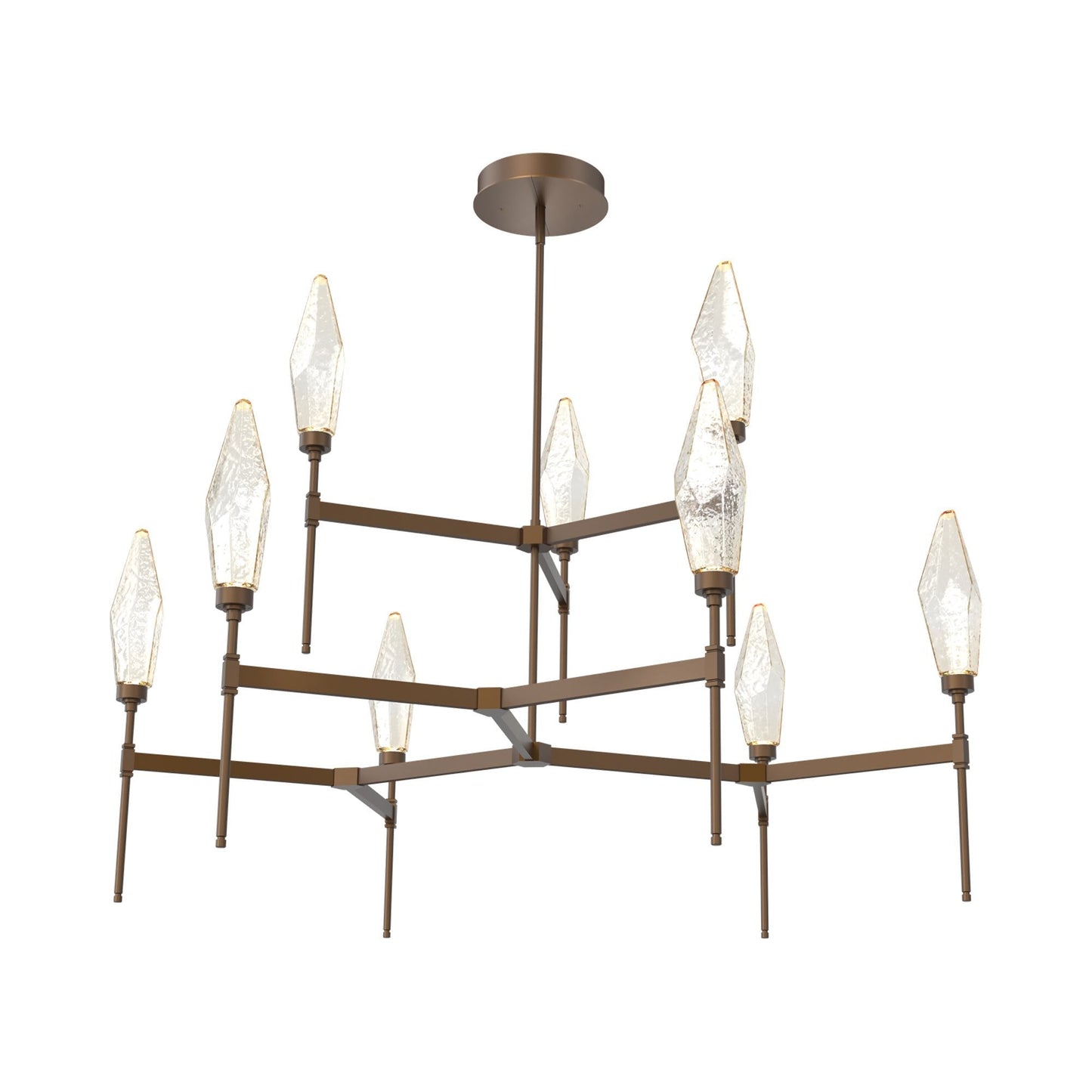 Rock Crystal Two-Tier Round Belvedere LED Chandelier in Flat Bronze/Amber Blown Glass.