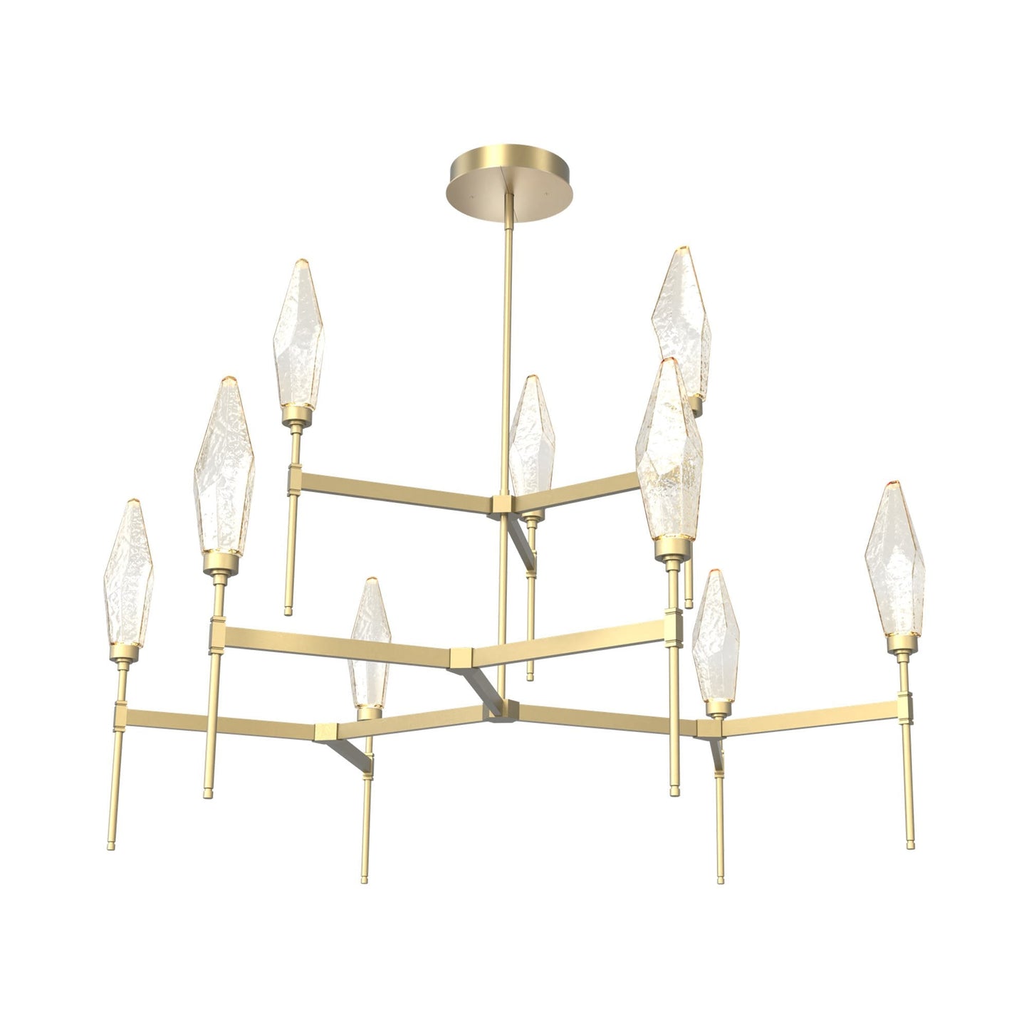 Rock Crystal Two-Tier Round Belvedere LED Chandelier in Gilded Brass/Amber Blown Glass.