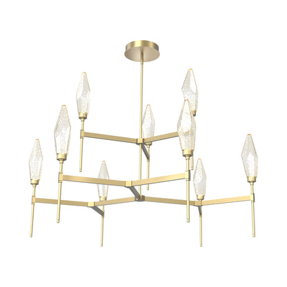 Rock Crystal Two-Tier Round Belvedere LED Chandelier in Gilded Brass/Amber Blown Glass.