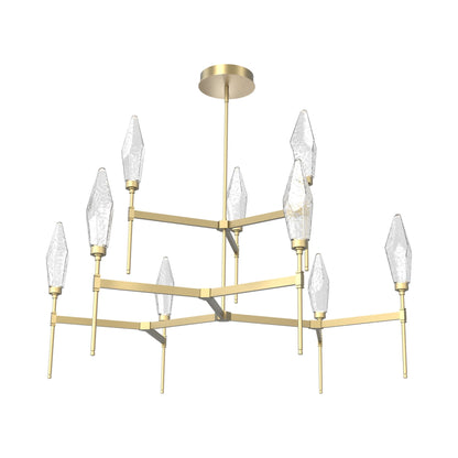 Rock Crystal Two-Tier Round Belvedere LED Chandelier in Gilded Brass/Clear Blown Glass.
