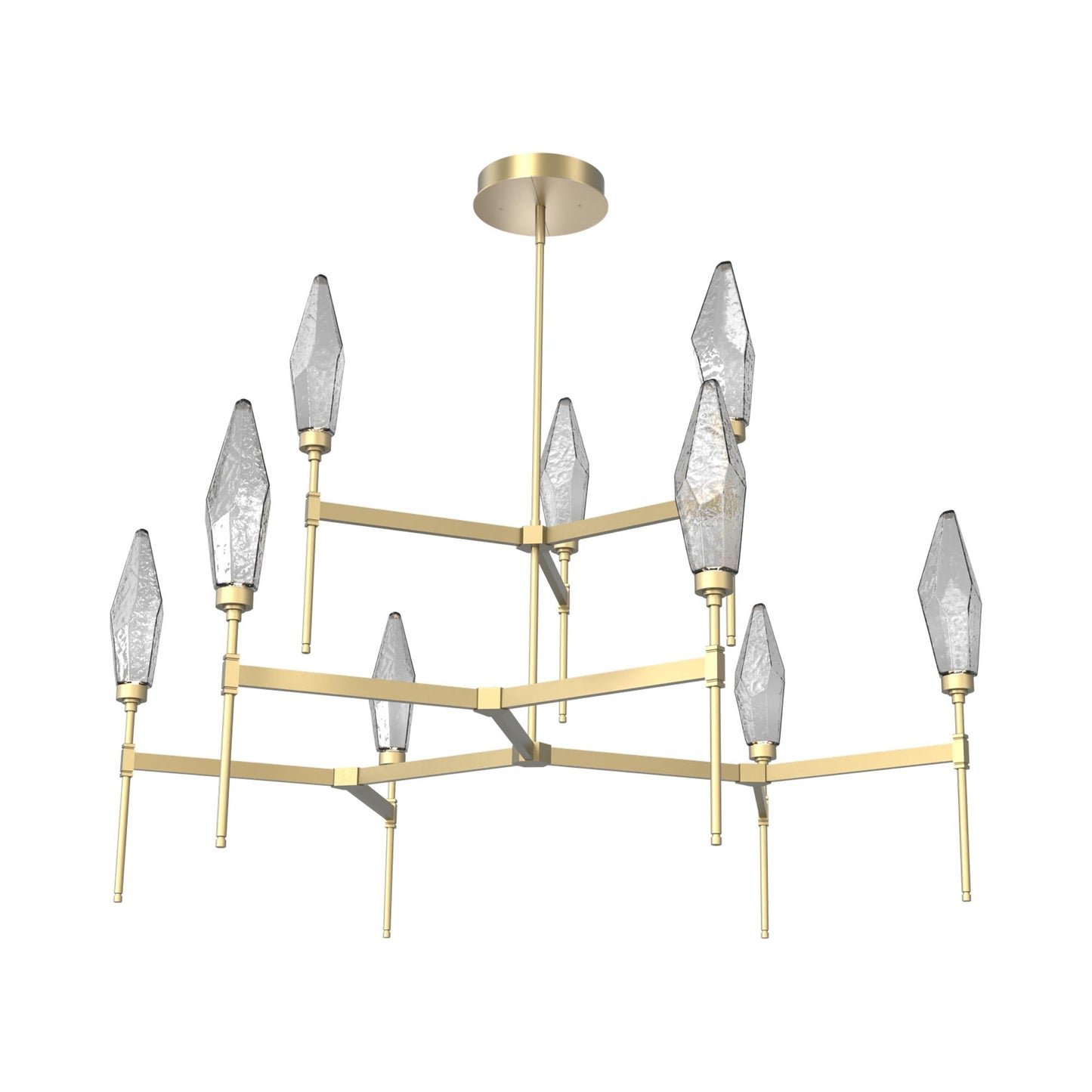Rock Crystal Two-Tier Round Belvedere LED Chandelier in Gilded Brass/Smoke Blown Glass.