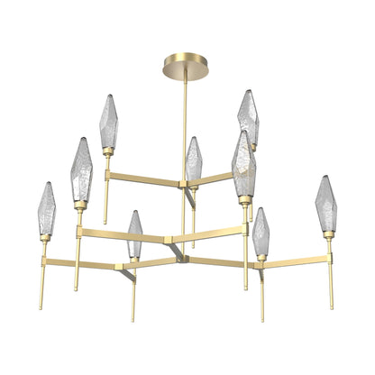 Rock Crystal Two-Tier Round Belvedere LED Chandelier in Gilded Brass/Smoke Blown Glass.