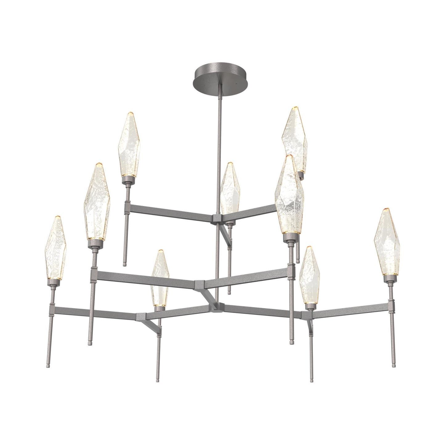 Rock Crystal Two-Tier Round Belvedere LED Chandelier in Graphite/Amber Blown Glass.