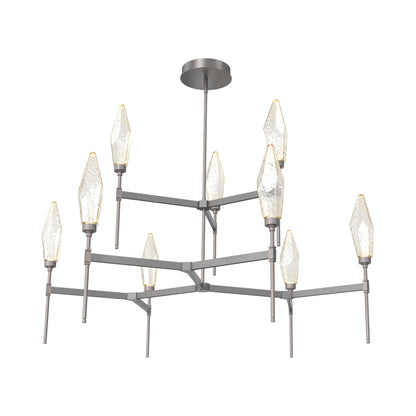 Rock Crystal Two-Tier Round Belvedere LED Chandelier in Graphite/Amber Blown Glass.
