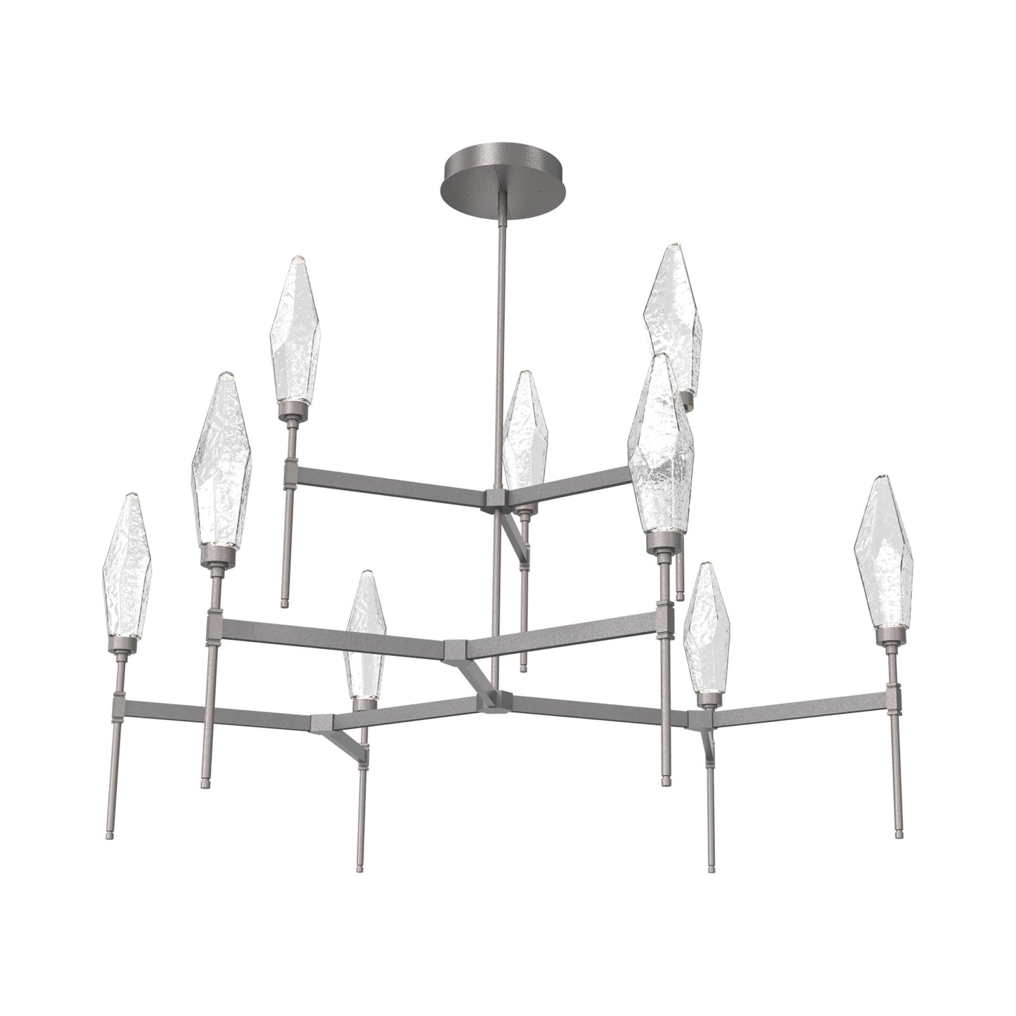 Rock Crystal Two-Tier Round Belvedere LED Chandelier in Graphite/Clear Blown Glass.