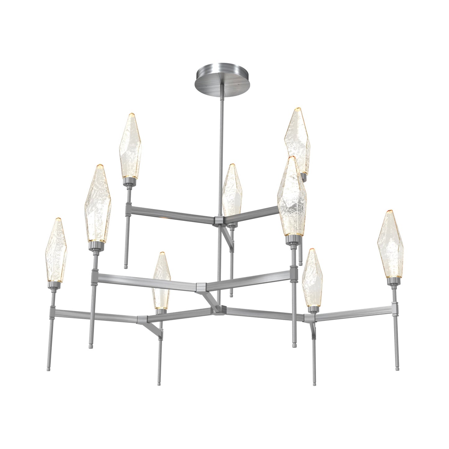 Rock Crystal Two-Tier Round Belvedere LED Chandelier in Gunmetal/Amber Blown Glass.