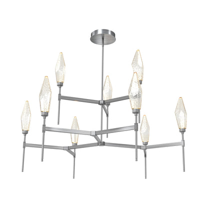 Rock Crystal Two-Tier Round Belvedere LED Chandelier in Gunmetal/Amber Blown Glass.
