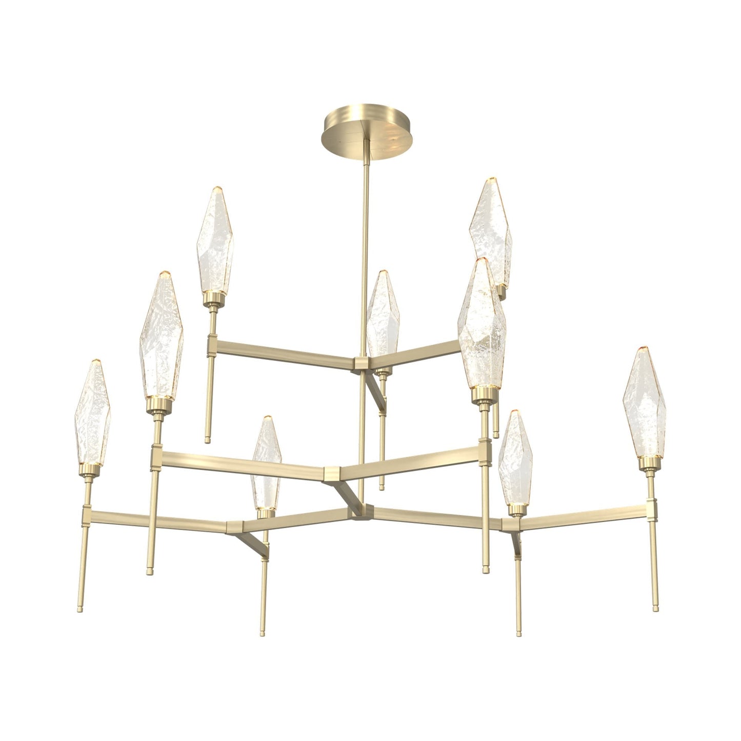 Rock Crystal Two-Tier Round Belvedere LED Chandelier in Heritage Brass/Amber Blown Glass.