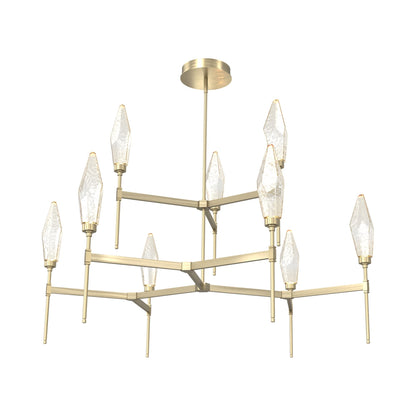 Rock Crystal Two-Tier Round Belvedere LED Chandelier in Heritage Brass/Amber Blown Glass.