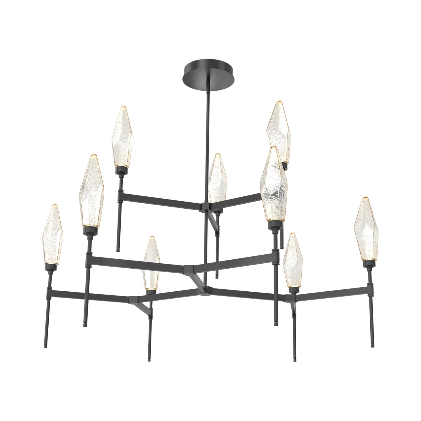 Rock Crystal Two-Tier Round Belvedere LED Chandelier in Matte Black/Amber Blown Glass.