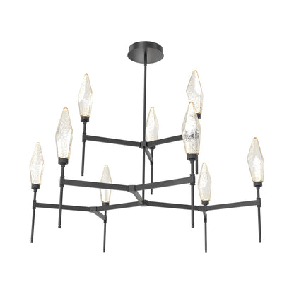 Rock Crystal Two-Tier Round Belvedere LED Chandelier in Matte Black/Amber Blown Glass.