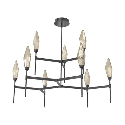 Rock Crystal Two-Tier Round Belvedere LED Chandelier in Matte Black/Bronze Blown Glass.
