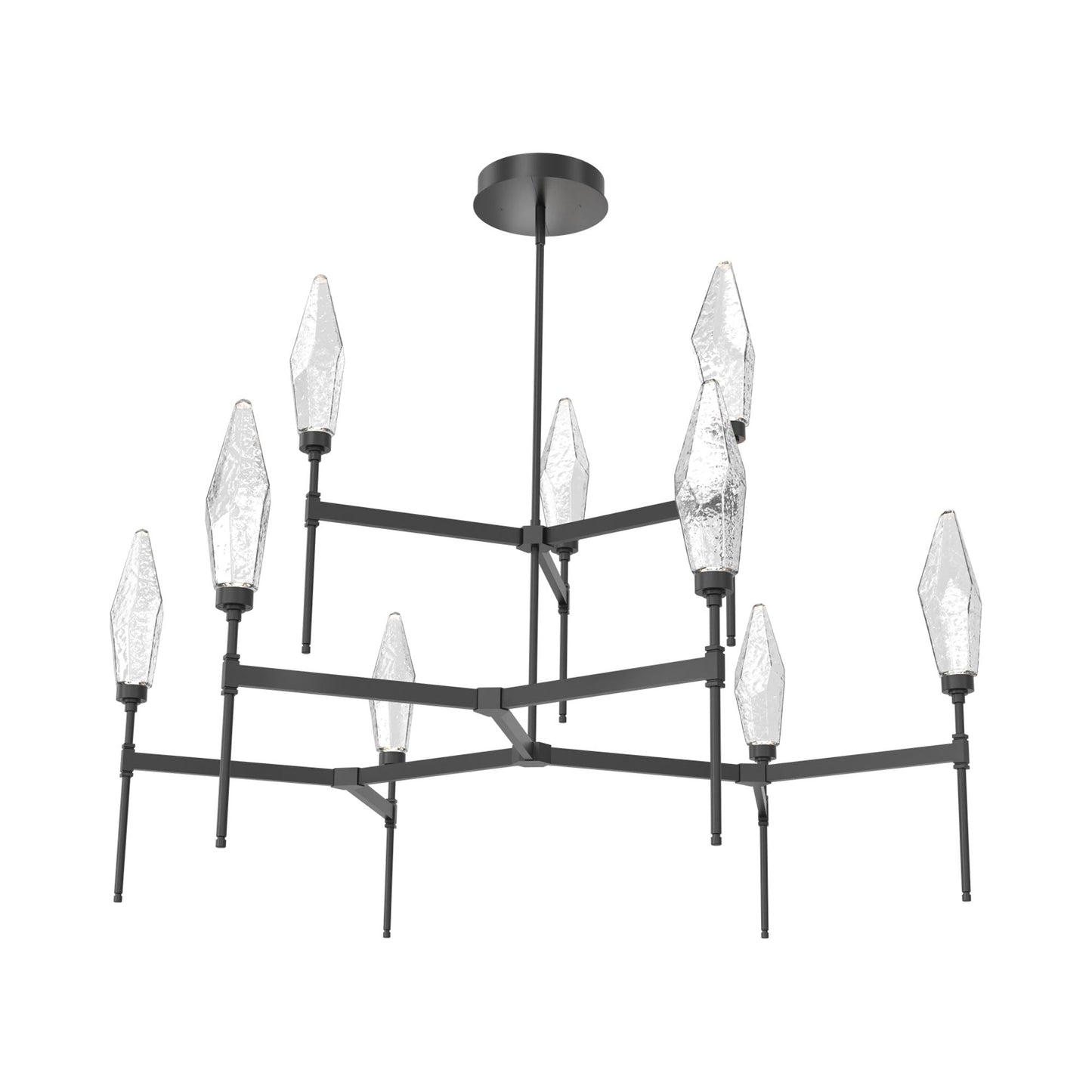 Rock Crystal Two-Tier Round Belvedere LED Chandelier in Matte Black/Clear Blown Glass.