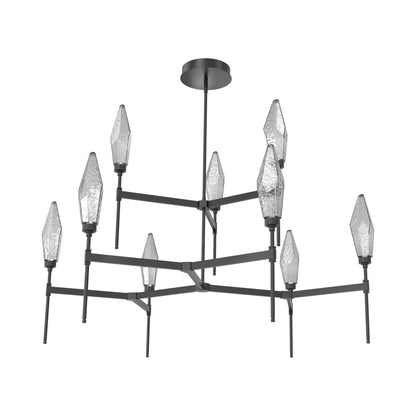 Rock Crystal Two-Tier Round Belvedere LED Chandelier in Matte Black/Smoke Blown Glass.