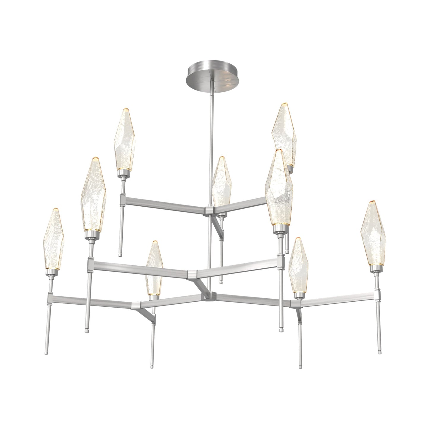 Rock Crystal Two-Tier Round Belvedere LED Chandelier in Satin Nickel/Amber Blown Glass.