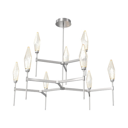 Rock Crystal Two-Tier Round Belvedere LED Chandelier in Satin Nickel/Amber Blown Glass.