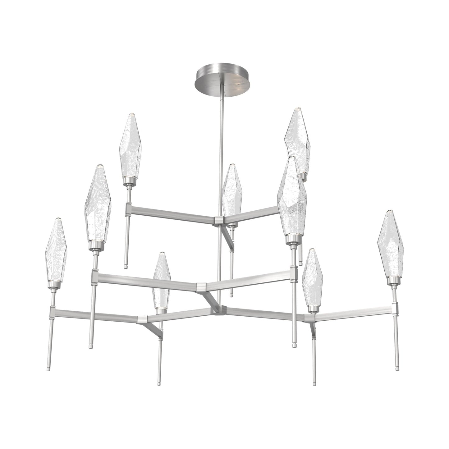 Rock Crystal Two-Tier Round Belvedere LED Chandelier in Satin Nickel/Clear Blown Glass.