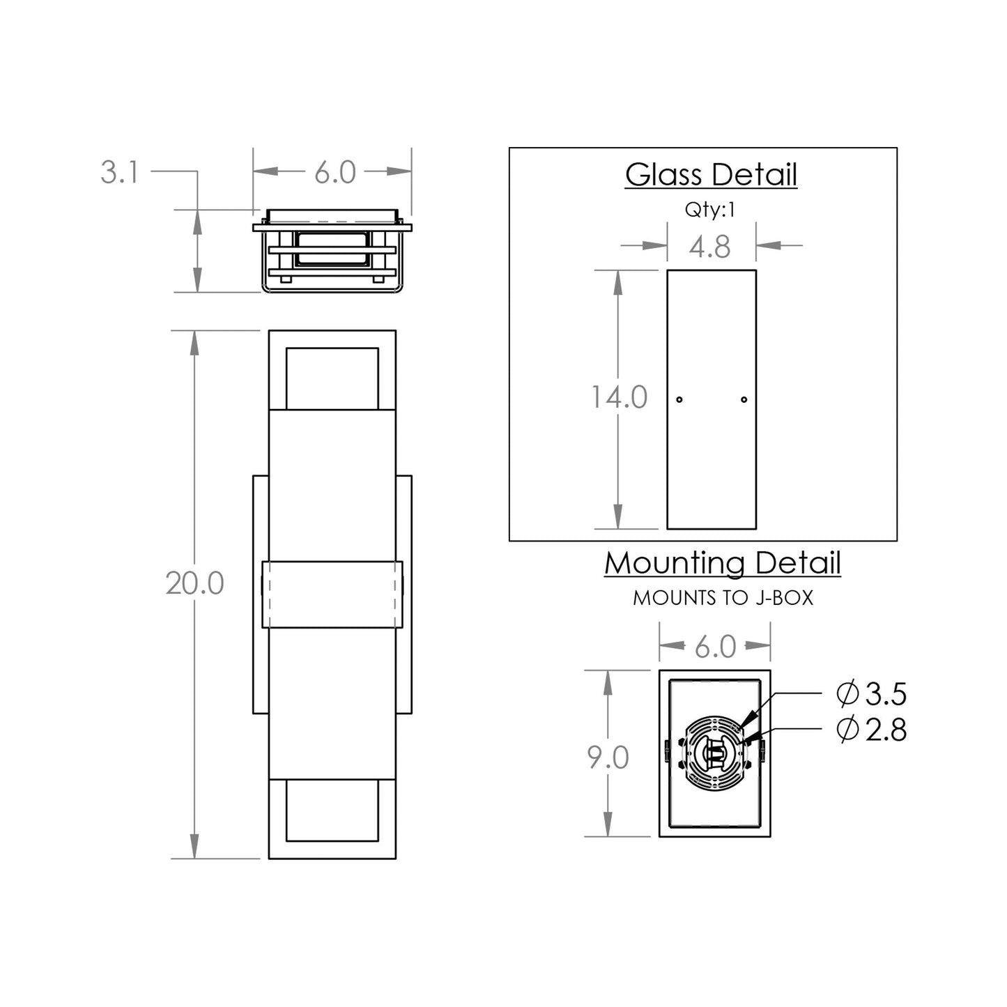 Sasha Outdoor LED Wall Light - line drawing.