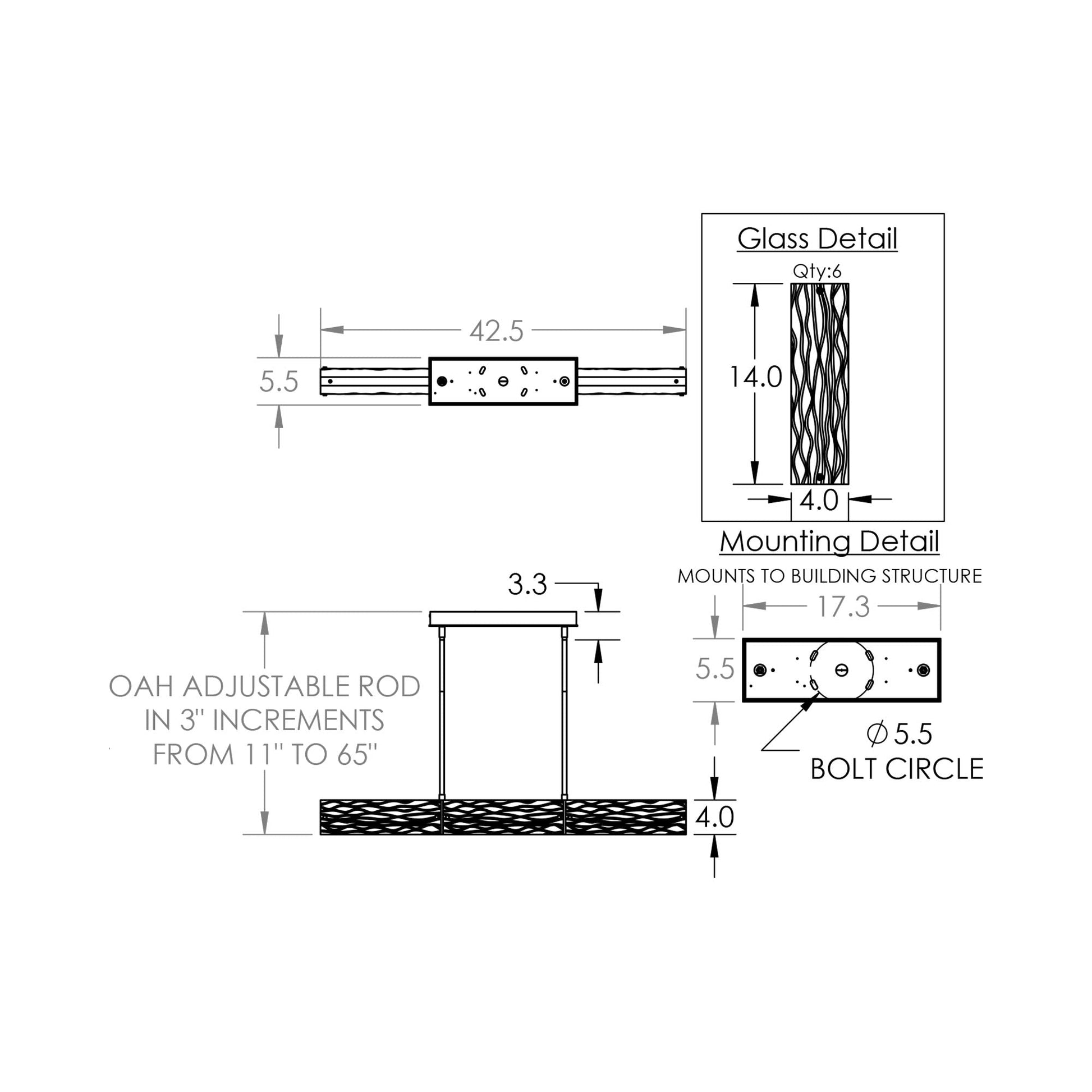 Tabulo Linea Linear LED Chandelier - line drawing.