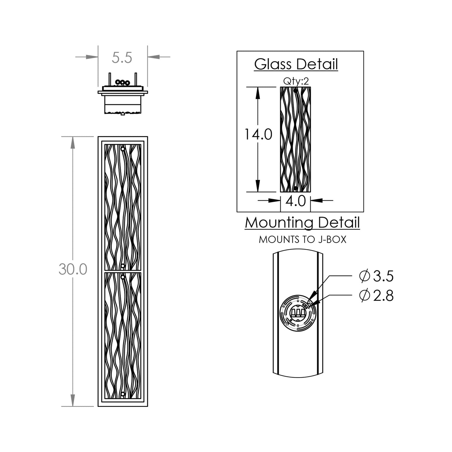 Tabulo Outdoor LED Wall Light - line drawing.