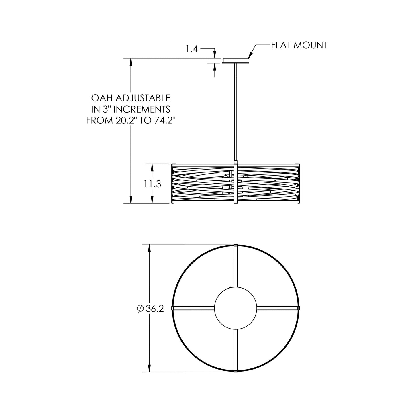 Tempest Drum LED Chandelier - line drawing.