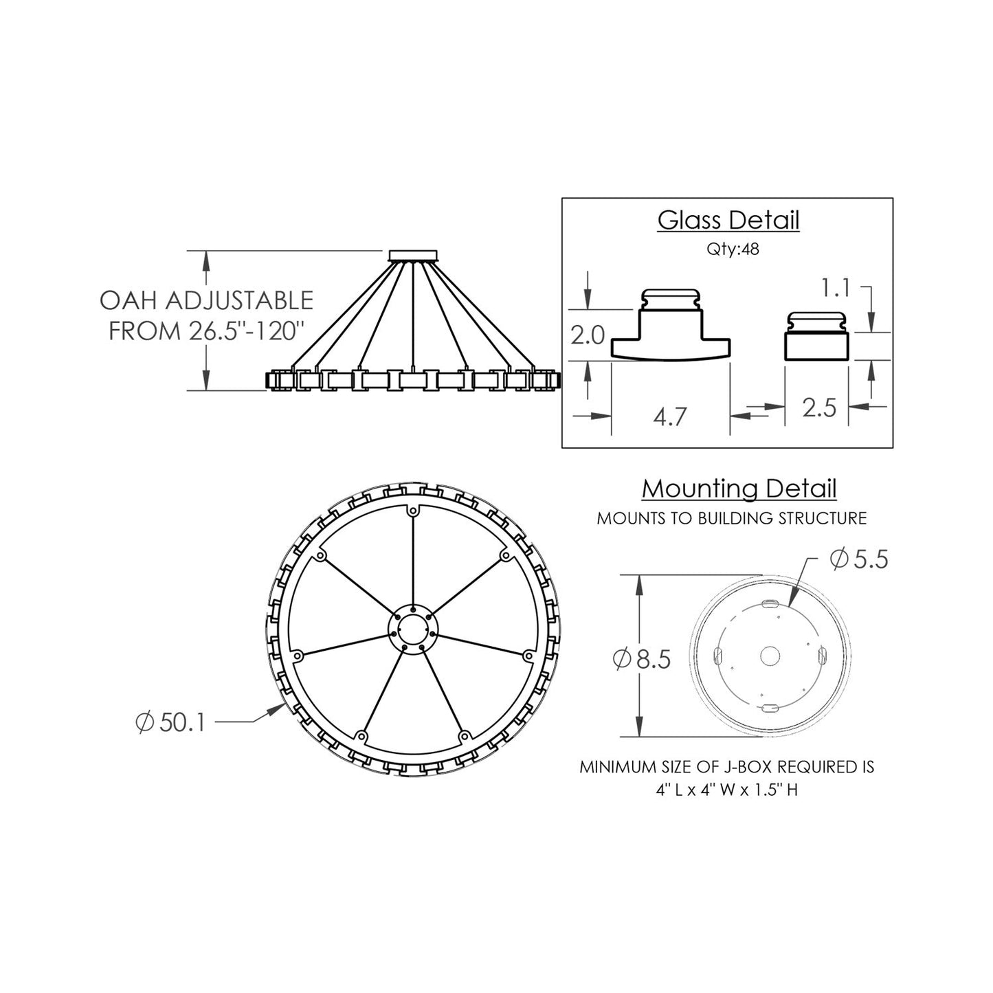 Tessera Ring Tetro LED Chandelier - line drawing.